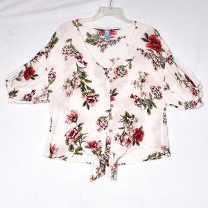 M Fasis Women's Top S Ivory Floral Button Tie Front Short Sleeve Boho Peasant